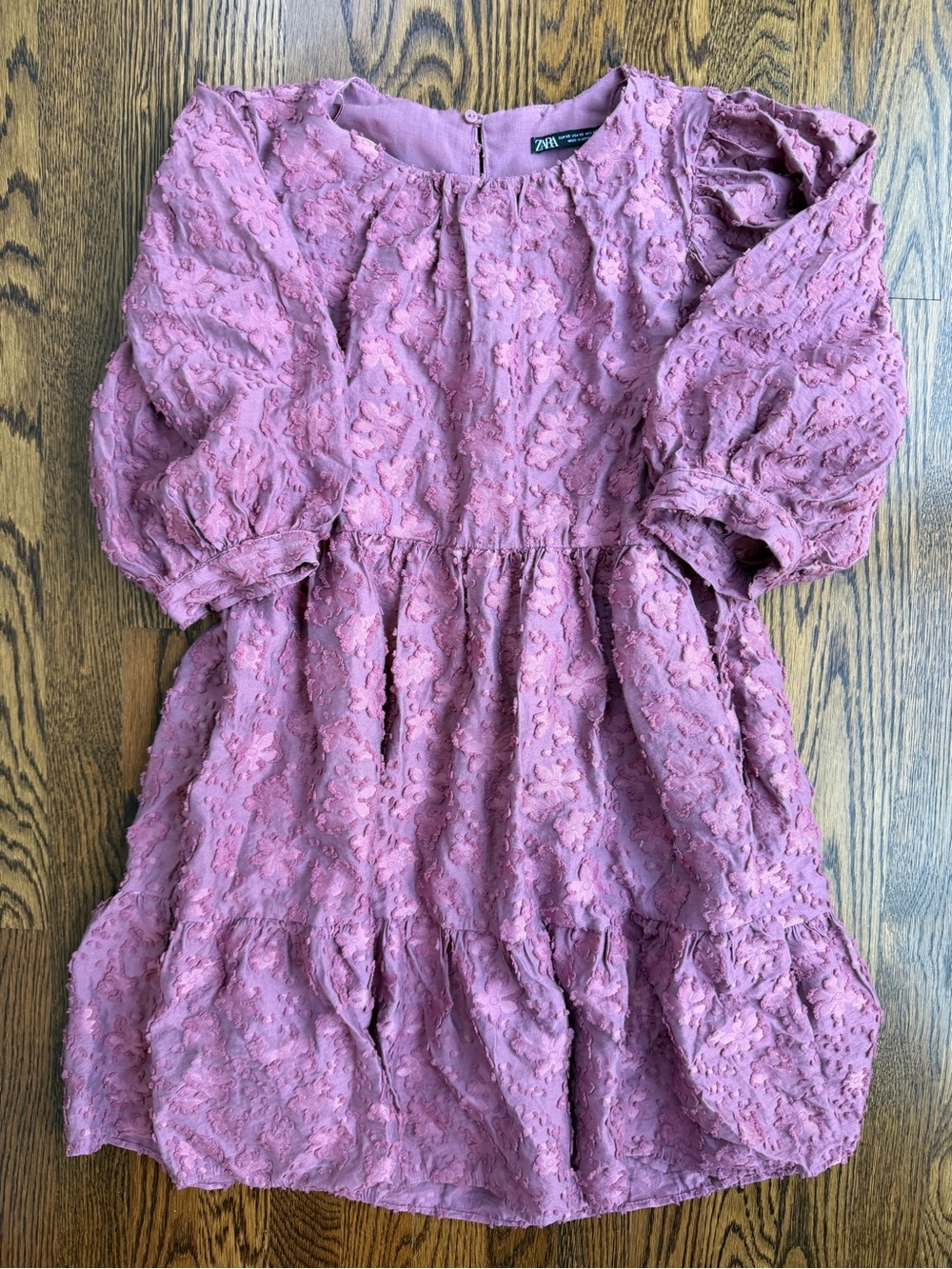 Zara Women’s Mauve Textured Tiered Puff Sleeve Fairy Rosette Balletcore Dress